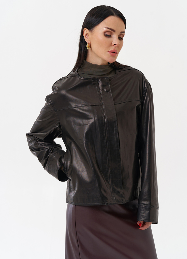 Женская кожаная куртка без воротника модель № 29919 универмаг малина