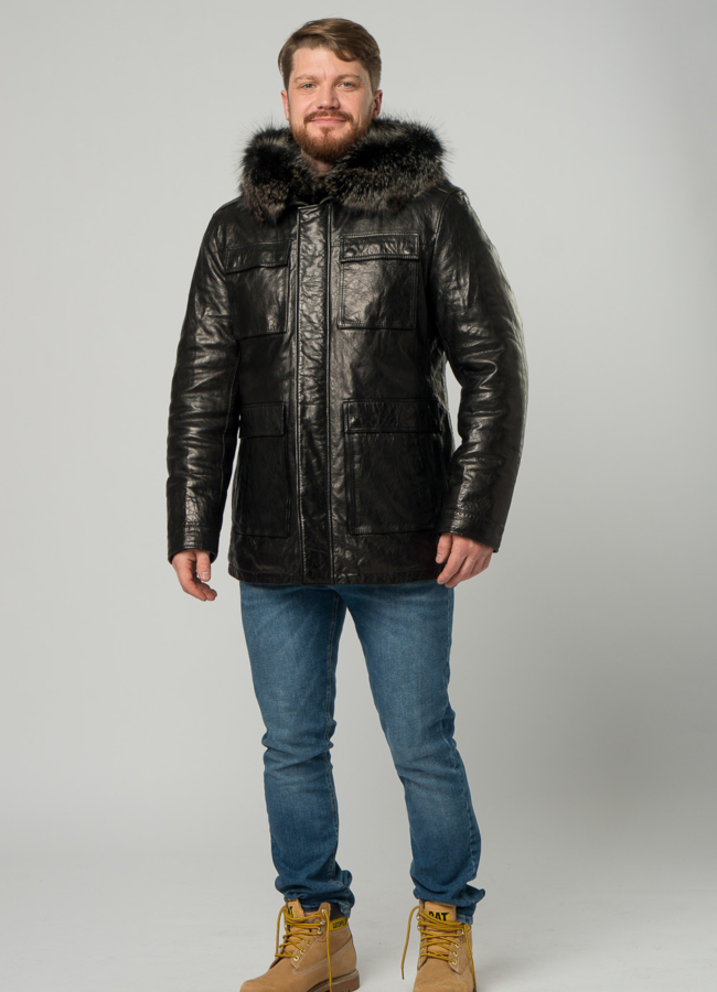 фото Мужской пуховик из натуральной кожи с капюшоном и отделкой из енота модель № 21923