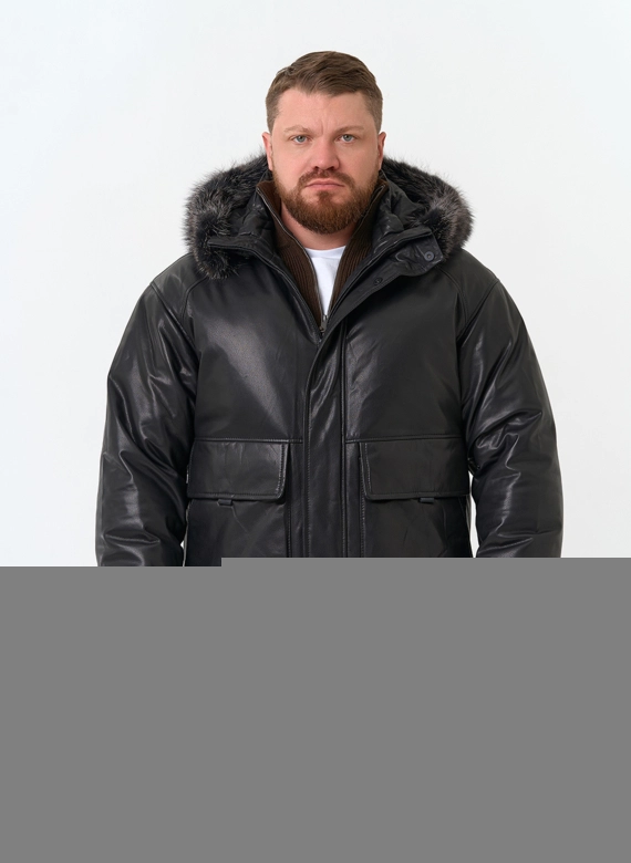 Мужской пуховик из натуральной кожи с мехом енота на капюшоне фото