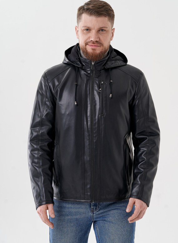 Мужская куртка из эко кожи с капюшоном 