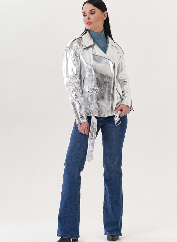 Куртка "косуха" из натуральной кожи под серебро