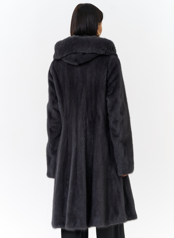Норковая шуба годе/балетка в роспуск с капюшоном цвета графит