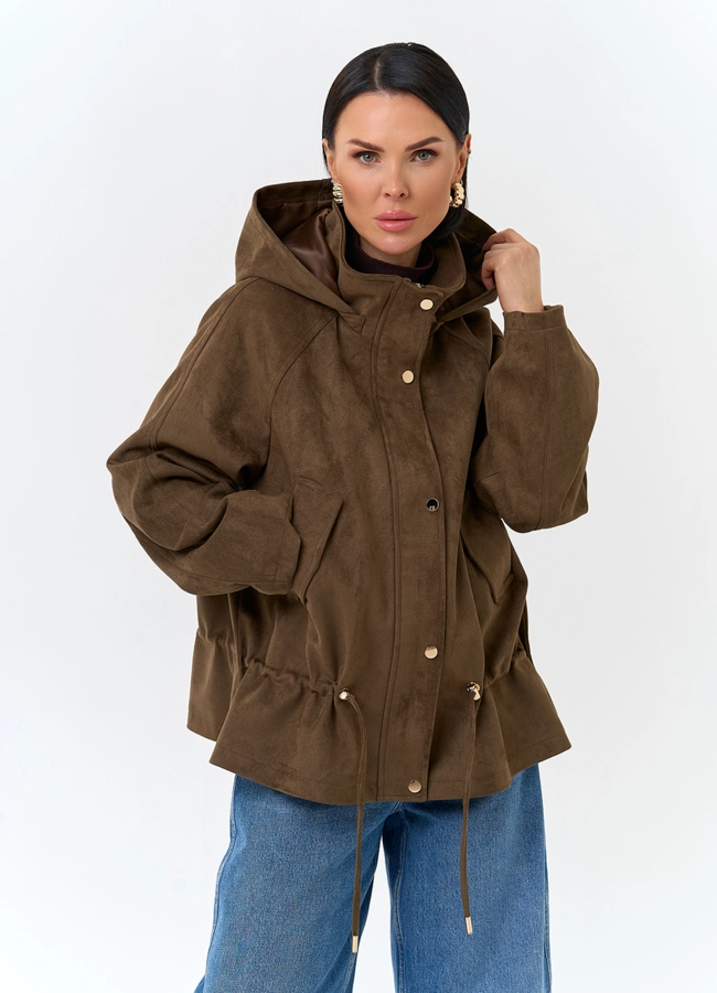 Женская утепленная куртка из эко замши с капюшоном модель № 32841 меха малина