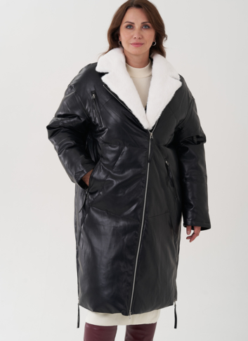 Пуховик женский из эко кожи с английским воротником