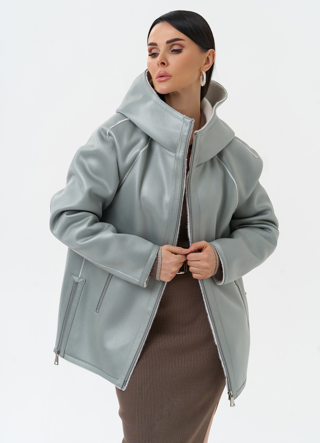 Женская дубленка из эко замши с капюшоном модель № 30204 меха малина