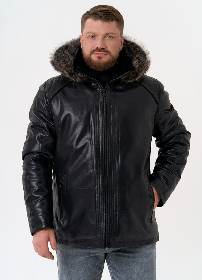 Пуховик из эко кожи с капюшоном из меха енота модель № 31719 в рассрочку