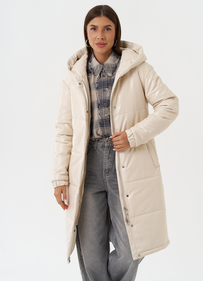 Пуховик из эко кожи с капюшоном модель № 27702 универмаг малина