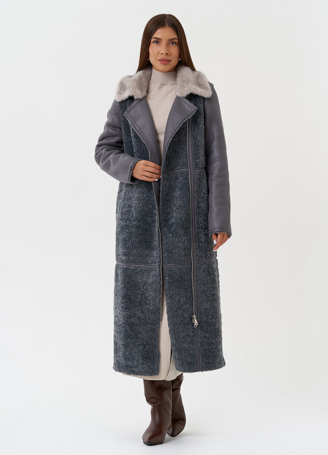 Длинная дубленка из эко кожи модель № 27785 универмаг малина