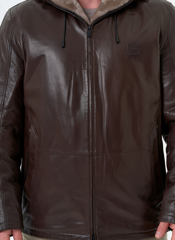 Мужская дубленка коричневого цвета с капюшоном