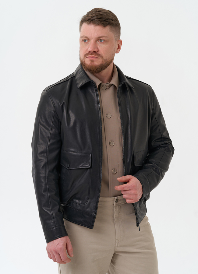 Мужская куртка из натуральной кожи черного цвета  модель № 30068 универмаг малина