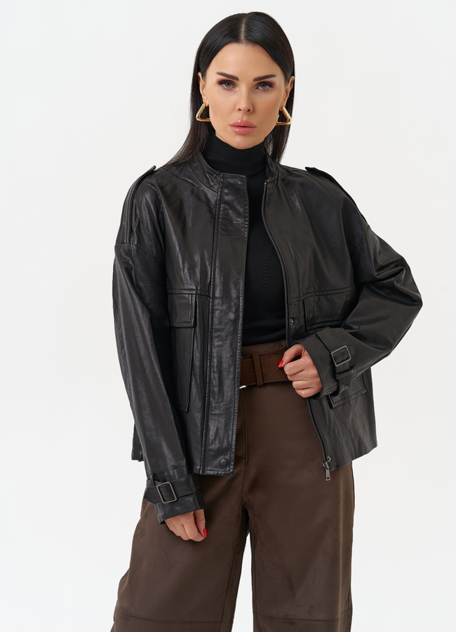 Женская куртка-рубашка из натуральной кожи  прямого силуэта модель № 22338 меха малина