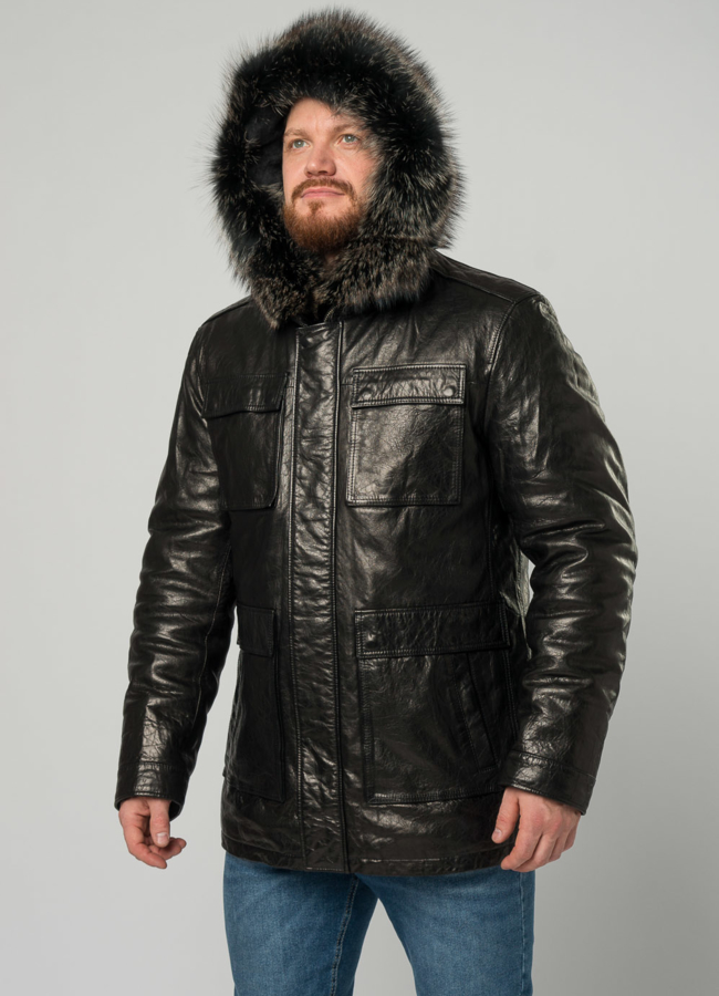 Мужской пуховик из натуральной кожи с капюшоном и отделкой из енота модель № 21923 универмаг малина