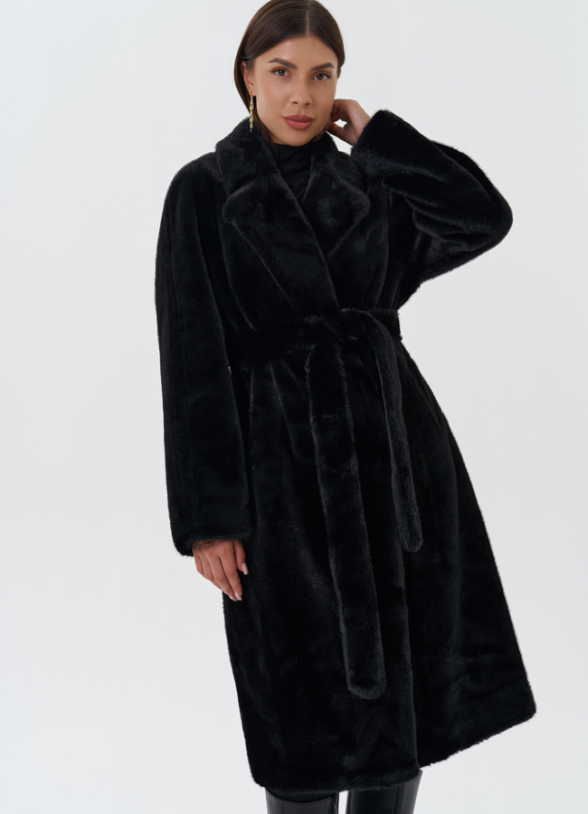 фото Женское пальто из эко меха с поясом модель № 27687