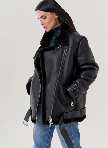 Женская дубленка пилот из эко кожи черно цвета 