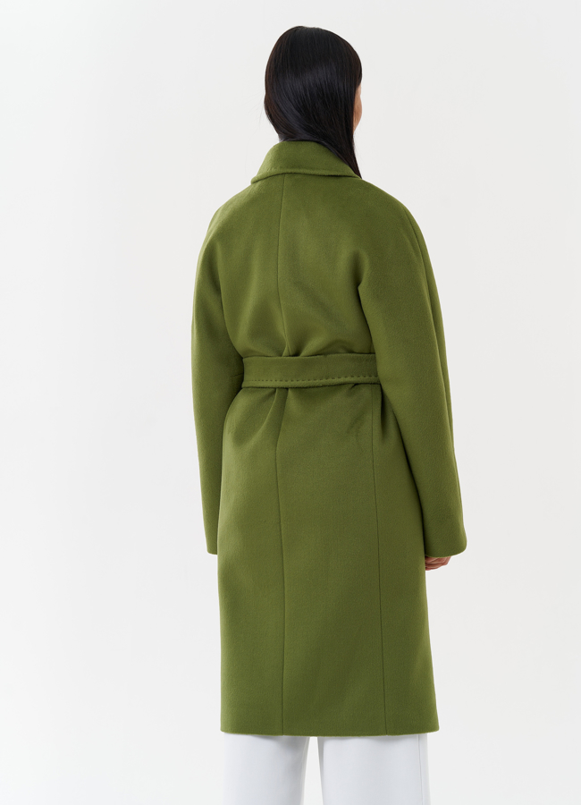 Женское пальто зеленого цвета с поясом модель № 27695 универмаг малина